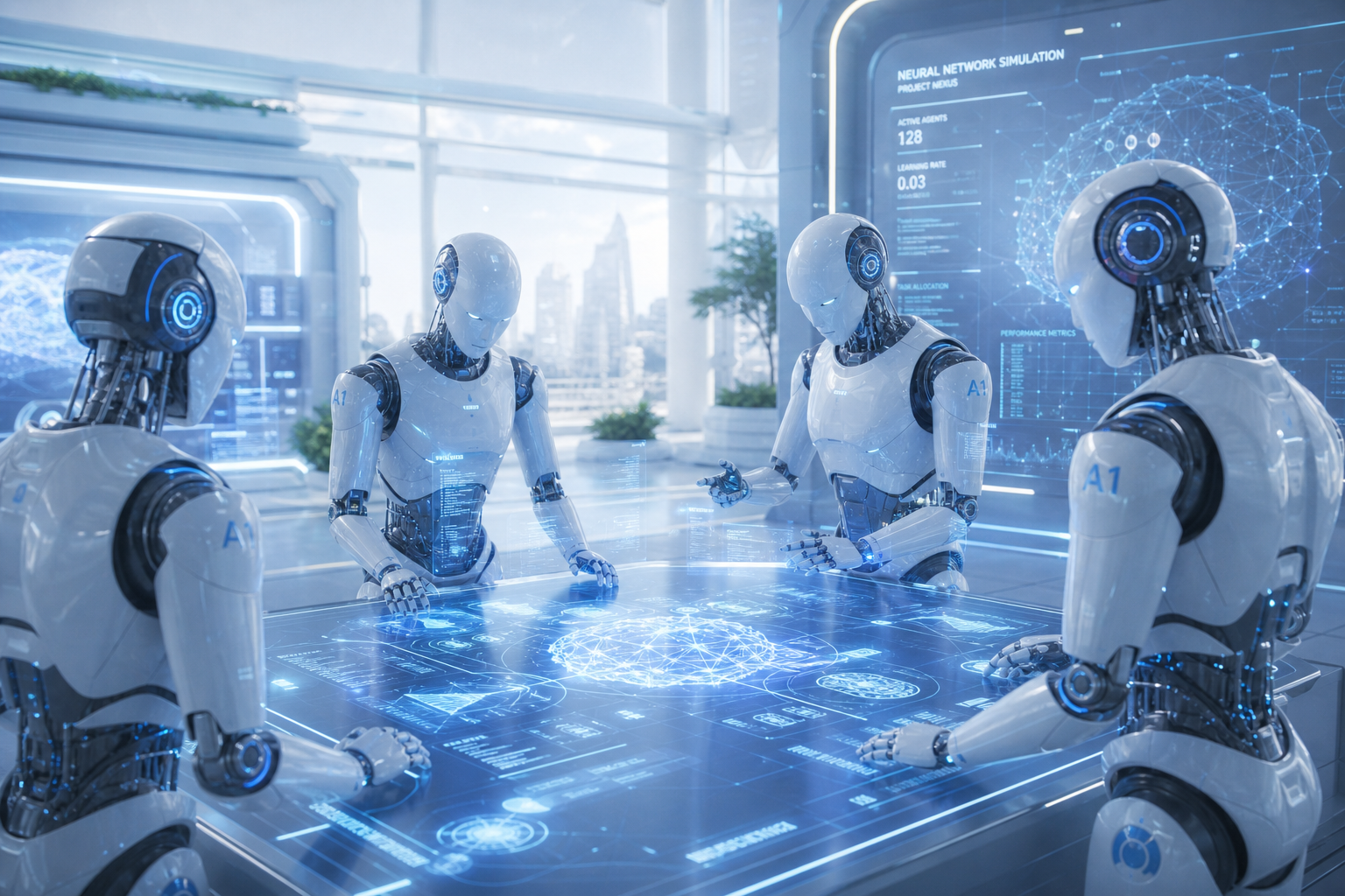 Humanoid AI agents collaborating around a glowing holographic table, representing ZadeNor AI's autonomous multi-agent intelligence